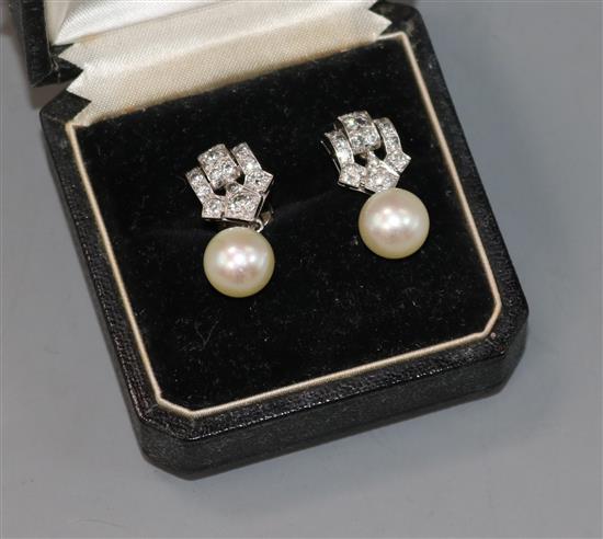 A pair of mid 20th century white metal, diamond and cultured pearl set drop earrings, 24mm.